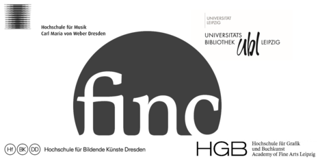 Das Finc-Logo samt der Logos der Kunst- und Musikhochschulen HGB Leipzig, Hochschule für Musik Dresden und Hochschule für Bildende Künste Dresden sowie das Logo der Universitätsbibliothek Leipzig